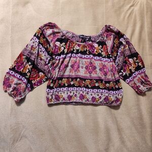 Almost Famous Cropped Belly Shirt Womens Small Boho Floral Half Sleeve